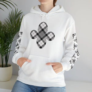  Grey Plaid Pattern Flower with Sleeve Print Unisex Heavy Blend Hooded Sweatshirt Hoodie