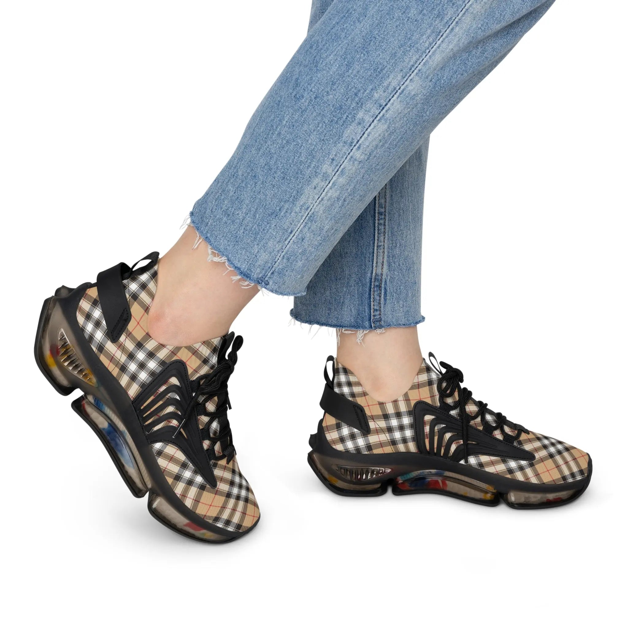  Groove Collection Beige Plaid (Red Stripe) Women's Mesh Sneakers Shoes