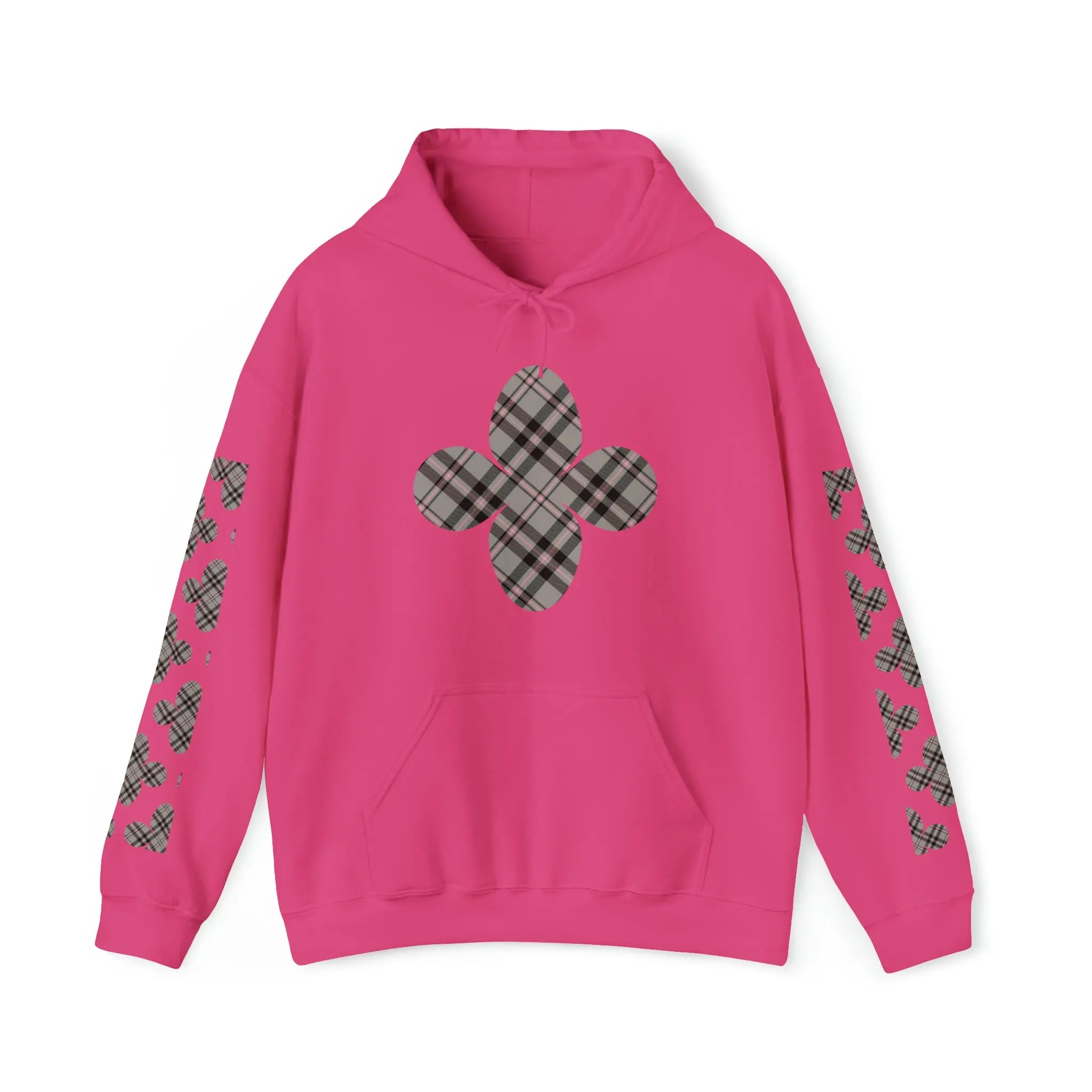  Pink Plaid Pattern Flower with Sleeve Print Unisex Heavy Blend Hooded Sweatshirt HoodieHeliconia5XL