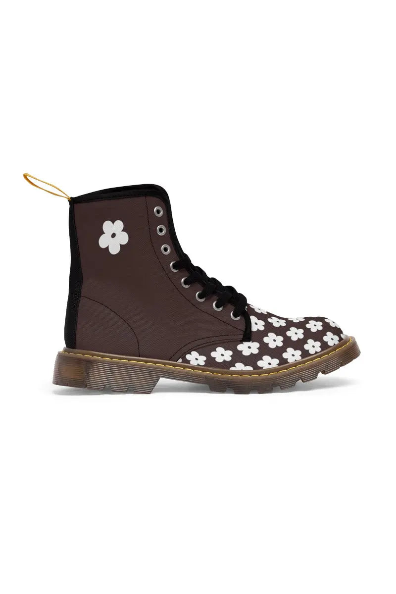JUST BLOOM (White Bloom Pattern Toe) Brown Women's Canvas Boots - The Middle Aged Groove