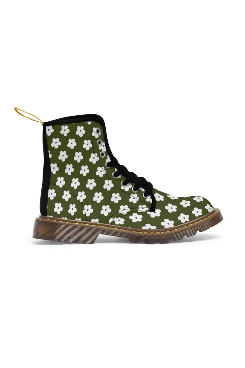 JUST BLOOM (White Bloom Pattern) Army Green Women's Canvas Boots - The Middle Aged Groove