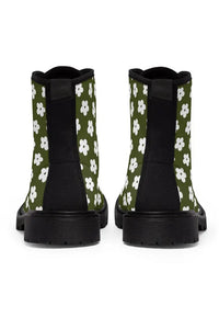 JUST BLOOM (White Bloom Pattern) Army Green Women's Canvas Boots - The Middle Aged Groove