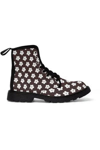 JUST BLOOM (White Bloom Pattern) Brown Women's Canvas Boots - The Middle Aged Groove