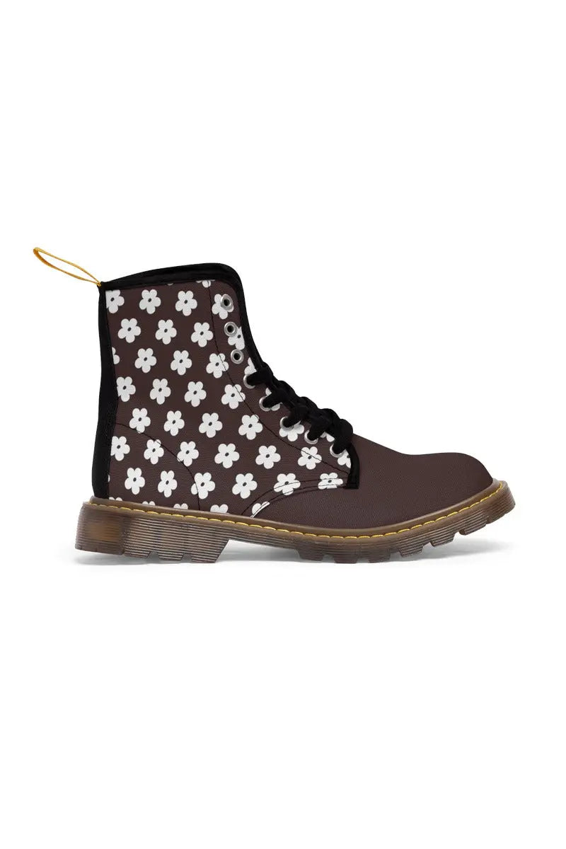 JUST BLOOM (White Bloom Pattern) Solid Toe Brown Women's Canvas Boots - The Middle Aged Groove