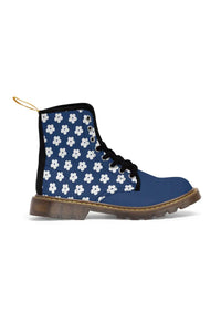 JUST BLOOM (White Bloom Pattern) Solid Toe Women's Blue Canvas Boots - The Middle Aged Groove