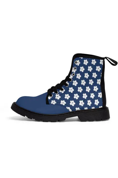 JUST BLOOM (White Bloom Pattern) Solid Toe Women's Blue Canvas Boots - The Middle Aged Groove