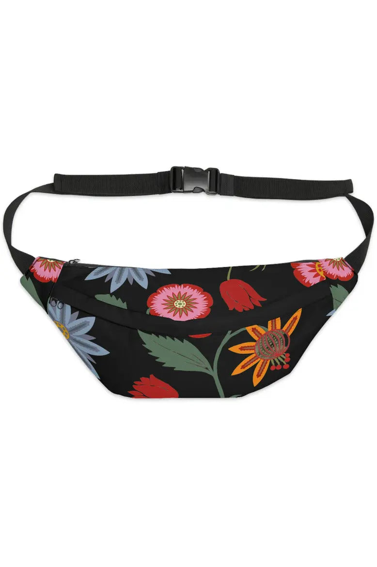  JUST BLOOM (Wild Flowers) Black Women's Large Fanny Pack Bags8×9×4