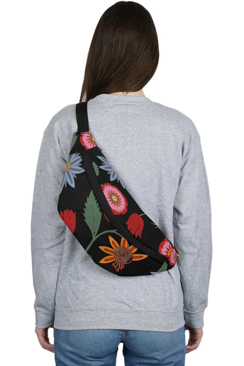  JUST BLOOM (Wild Flowers) Black Women's Large Fanny Pack Bags