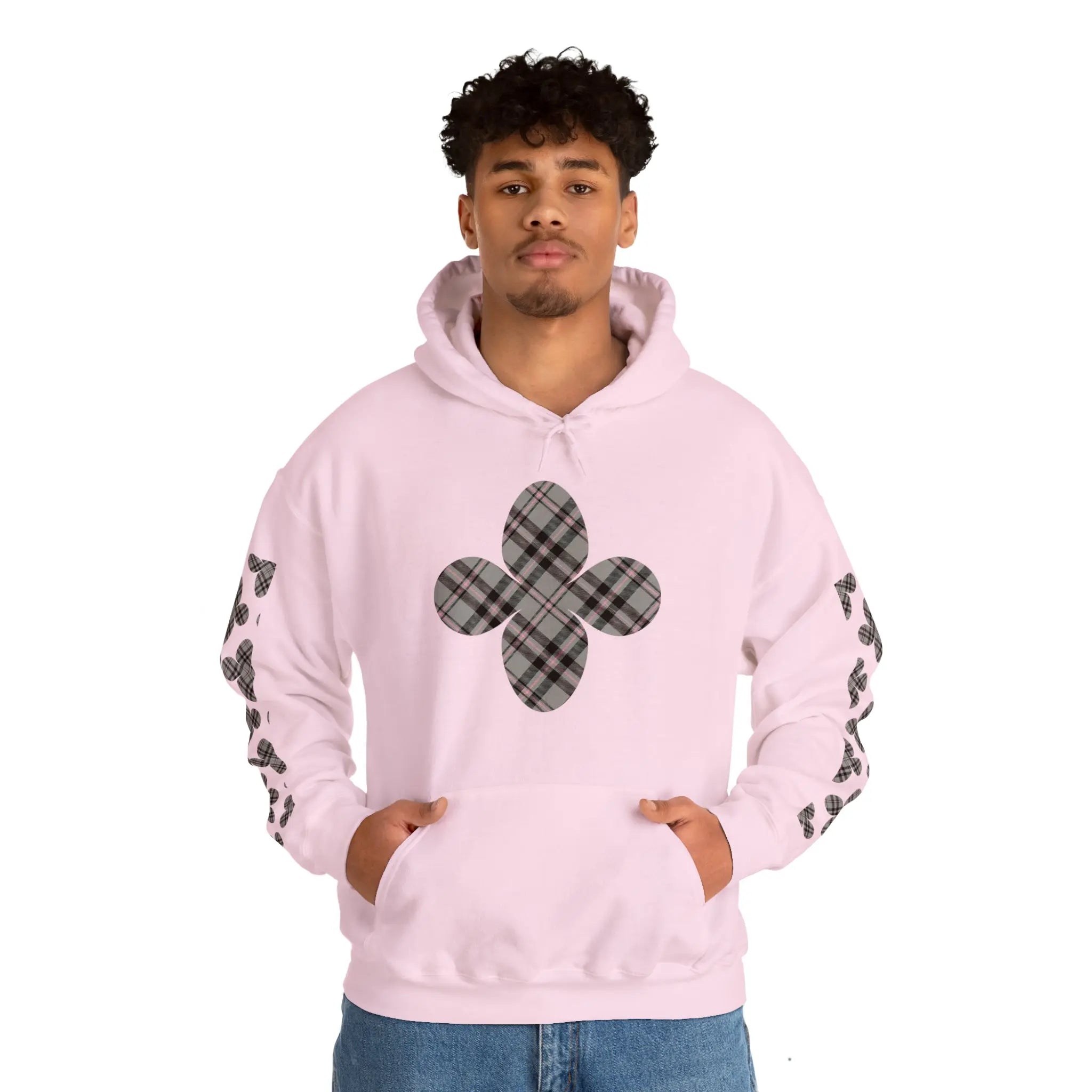  Pink Plaid Pattern Flower with Sleeve Print Unisex Heavy Blend Hooded Sweatshirt Hoodie
