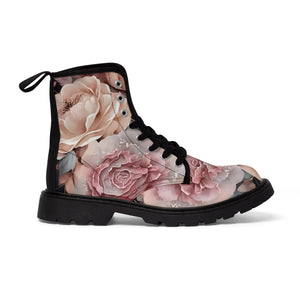 Vintage Pink and Cream Rose Women's Canvas Boots, Military Style Lace Up Boots, Women's Flower Canvas Boots Shoes US-11-Black-sole The Middle Aged Groove