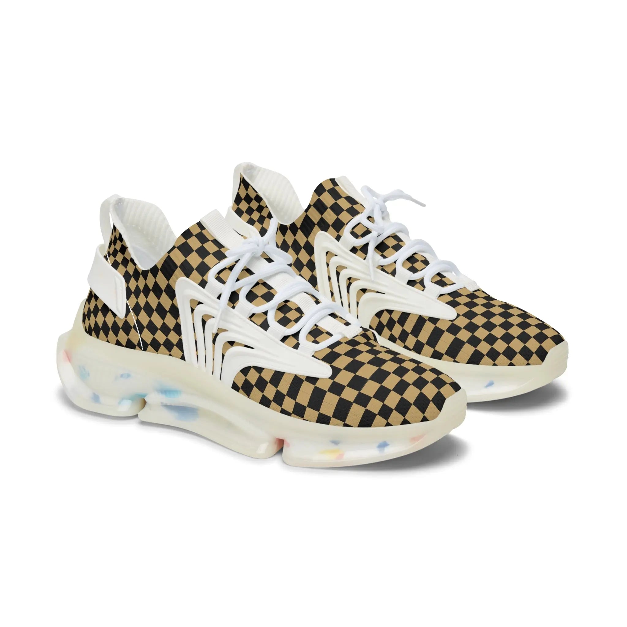Women's Black and Gold Check Mate Mesh Sneakers, Women's Athletic Shoes, Casual Sneakers Shoes White-sole-US-12 The Middle Aged Groove