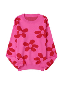 Groove Bloom Rose Big Flower Knit Ribbed Trim Sweater